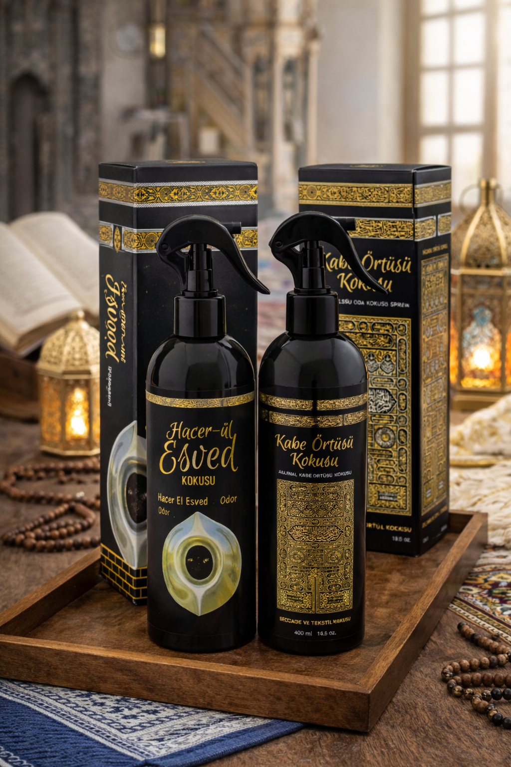Kabe Örtüsü Kokusu & Hacerül Esved Kokusu Alkolsüz Oda Kokusu Spreyi 400 ml İkili Manevi Atmosfer Seti
